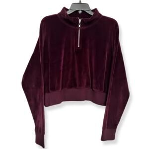 Abound Cropped Sweatshirt Velvet Texture 1/4 Zip Stretchable Maroon Size 1X NWOT